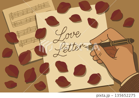 Hand writing love letter, viewed from above. Vector poster in nostalgic vintage style Hand writing love letter, viewed from above. Vector poster in nostalgic vintage style 135652275
