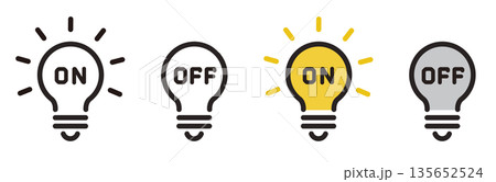 電球アイコン。ONとOFF。節電、省エネ、電気代のアイコン。 電球アイコン。ONとOFF。節電、省エネ、電気代のアイコン。 135652524