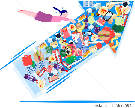価高騰の波に追いつこうと必死に手を伸ばす女性と上昇する矢印のイラスト 135652594
