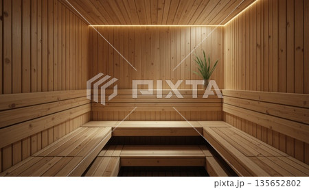 Wooden Sauna Interior With Simple Seating and a Plant in a Modern Setting 135652802