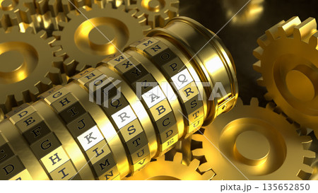 Golden Mechanical Encryption Lock with Rotating Gears System 3d render. Golden Mechanical Encryption Lock with Rotating Gears System 3d render. 135652850