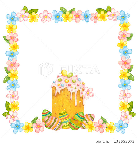 A frame of delicate spring flowers, Easter cakes, and eggs. Hand-drawn watercolor illustration, cartoon style. Design for cards and invitations. Composition, holiday, cupcake, eggs, bright, decoration A frame of delicate spring flowers, Easter cakes, and eggs. Hand-drawn watercolor illustration, cartoon style. Design for cards and invitations. Composition, holiday, cupcake, eggs, bright, decoration 135653073