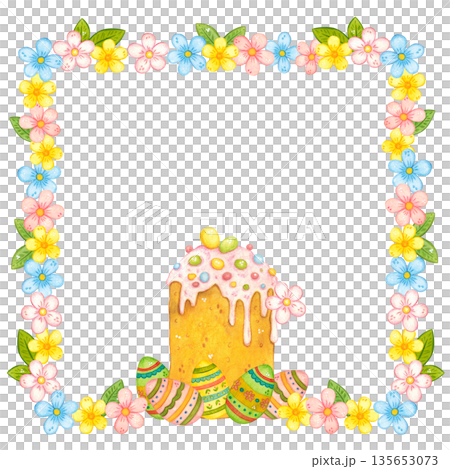 A frame of delicate spring flowers, Easter cakes, and eggs. Hand-drawn watercolor illustration, cartoon style. Design for cards and invitations. Composition, holiday, cupcake, eggs, bright, decoration A frame of delicate spring flowers, Easter cakes, and eggs. Hand-drawn watercolor illustration, cartoon style. Design for cards and invitations. Composition, holiday, cupcake, eggs, bright, decoration 135653073