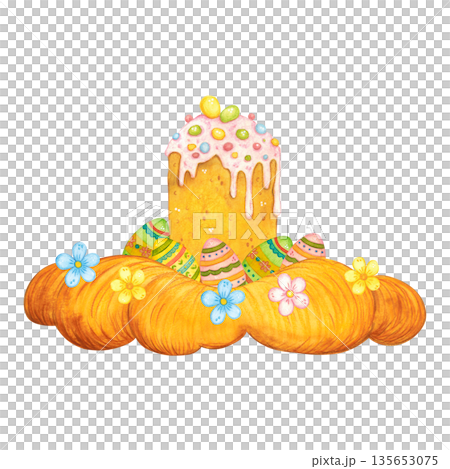 Easter cake and colorful eggs in a nest. Hand-drawn watercolor illustration, cartoon. Design for cards and invitations. Composition, holiday, cake, eggs, bright, decoration, treat Easter cake and colorful eggs in a nest. Hand-drawn watercolor illustration, cartoon. Design for cards and invitations. Composition, holiday, cake, eggs, bright, decoration, treat 135653075