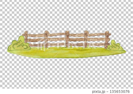 Wooden fence on a green lawn. Hand-drawn watercolor illustration, cartoon. Design for postcards and invitations. Village, farm, building, nature. High quality illustration Wooden fence on a green lawn. Hand-drawn watercolor illustration, cartoon. Design for postcards and invitations. Village, farm, building, nature. High quality illustration 135653076
