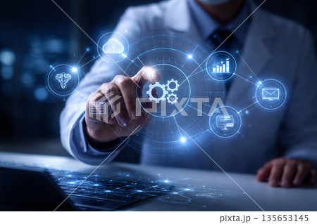 AI generated professional interacting with digital analytics interface holographic data icons automation big data artificial intelligence modern business technology clean space 135653145