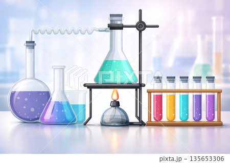 AI generated chemical laboratory experiment with distillation apparatus colorful liquids glassware and test tubes representing chemistry education scientific research and controlled reactions 135653306