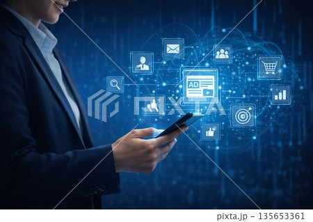 AI generated business professional using smartphone with connected digital icons for advertising analytics ecommerce communication and data driven marketing network 135653361