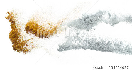 Silver metallic glitter sparkle explosion in air. Silver Glitter sand spark blink celebrate Chinese new year, fly throw silver glitters particle. White background isolated, selective focus Blur bokeh 135654027