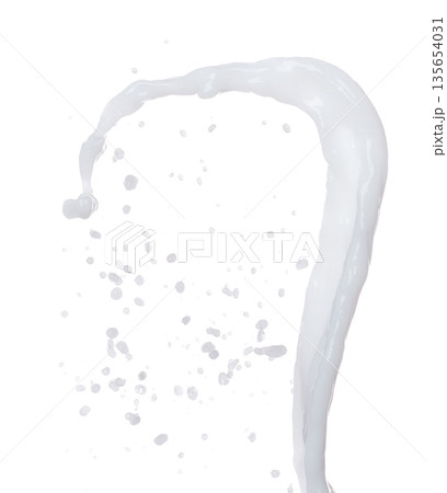 Milk yogurt white water droplet shape form fly splashing. Milk lotion pour float in mid air. Milk moisturizer explosion throw fluttering. White background isolated high speed shutter freeze motion 135654031