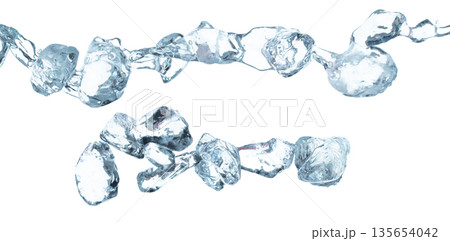 Ice Cubes explosion flying, crystal clear ice wave floating, fall down in air. Ice Brick block cube is frozen water healthy thirsty. White background Isolated high speed shutter, freeze stop motion Ice Cubes explosion flying, crystal clear ice wave floating, fall down in air. Ice Brick block cube is frozen water healthy thirsty. White background Isolated high speed shutter, freeze stop motion 135654042