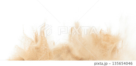 Small Fine size Sand flying explosion, Golden grain wave explode. Abstract cloud fly. Yellow colored sand splash throwing in Air. White background Isolated high speed shutter, throwing freeze stop 135654046