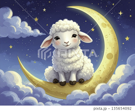 三日月に座る可愛い羊のイラスト｜夜空と星のメルヘンファンタジー 135654092