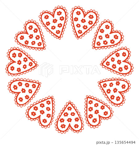Whimsical vector illustration of a circular frame made of decorative folk style hearts. Cute hand drawn doodle design in red and white, perfect for Valentines Day cards, invitations, posters. 135654494