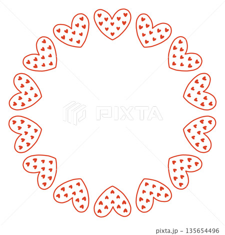 Whimsical vector illustration of a circular frame made of decorative folk style hearts. Cute hand drawn doodle design in red and white, perfect for Valentines Day cards, invitations, posters. 135654496