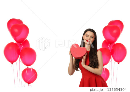 Woman in red dress with heart gift and pink balloons, isolated, PNG 135654504