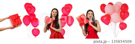 Young woman with gifts, heart, and balloons, isolated, PNG Young woman with gifts, heart, and balloons, isolated, PNG 135654509