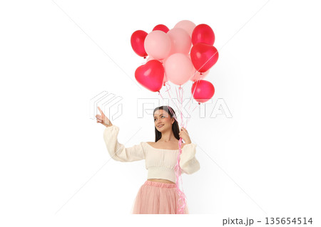 Smiling woman with colorful heart balloons, isolated, PNG Smiling woman with colorful heart balloons, isolated, PNG 135654514