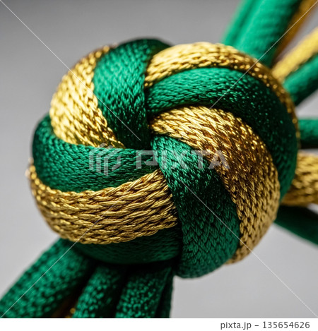 Korean traditional decorative Maedeup knot close-up in lush green and shimmering gold silk with detailed tactile texture Korean traditional decorative Maedeup knot close-up in lush green and shimmering gold silk with detailed tactile texture 135654626