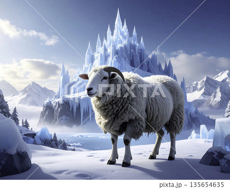 氷の城の前に立つ羊｜雪と氷に包まれた幻想的ファンタジー風景 135654635