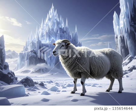氷の城の前に立つ羊｜雪と氷に包まれた幻想的ファンタジー風景 135654644