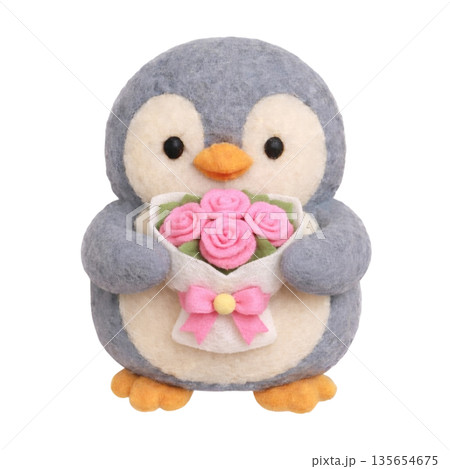 フェルト風の薔薇の花束を抱くペンギンのイラスト 135654675