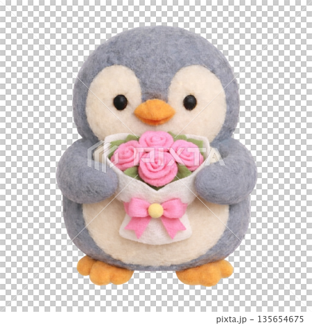 フェルト風の薔薇の花束を抱くペンギンのイラスト 135654675