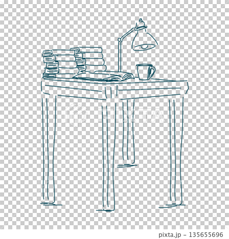 ラフタッチな仕事机の絵（透過性のラインアート） 135655696