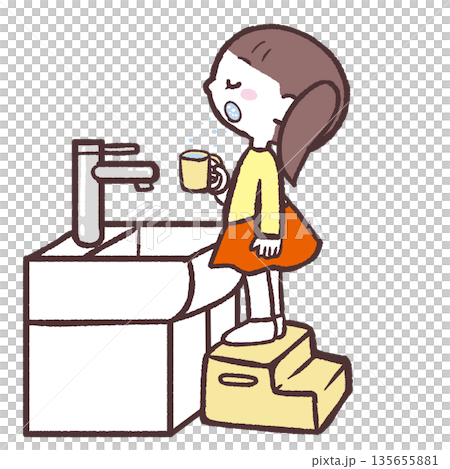 Illustration of a girl gargling in the sink 135655881