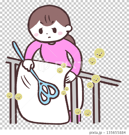 Illustration of a woman brushing pollen off her futon Illustration of a woman brushing pollen off her futon 135655884