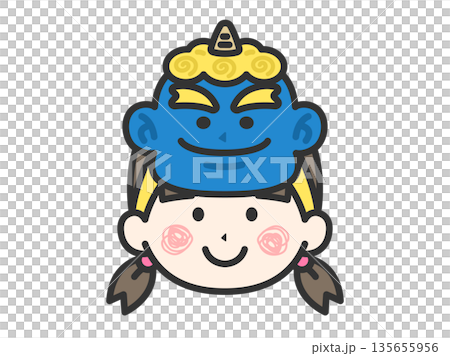 戴著藍色惡魔面具的女孩插圖(線條描彩色) 戴著藍色惡魔面具的女孩插圖(線條描彩色) 135655956