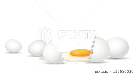 3D white eggs and half broken egg with yolk on white background vector illustration. Natural, healthy food, protein, cooking, ingredient and organic product concept template have blank space. 135656036