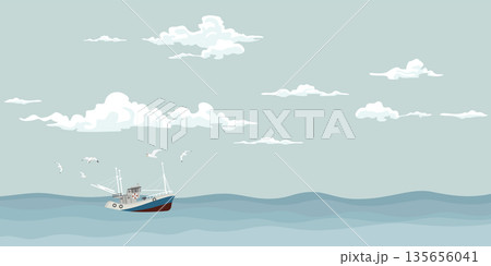 Seascape with fishing boat followed by seagulls at skyline vector illustration. Ocean with ship, sky and clouds background. 135656041