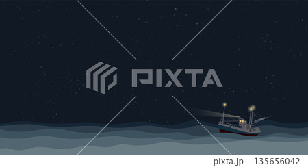 Fishing boat on the sea at night vector illustration. Ocean with ship, star and night sky background. Fishing boat on the sea at night vector illustration. Ocean with ship, star and night sky background. 135656042