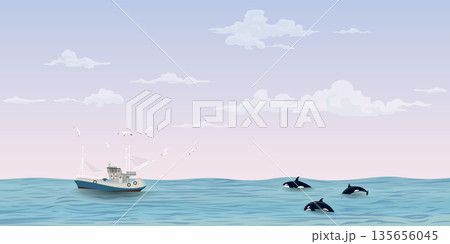 Seascape with fishing boat followed by seagulls and killer whale pack have dramatic sky background vector illustration. Ocean with ship, seagulls, orca, sky and clouds background. 135656045