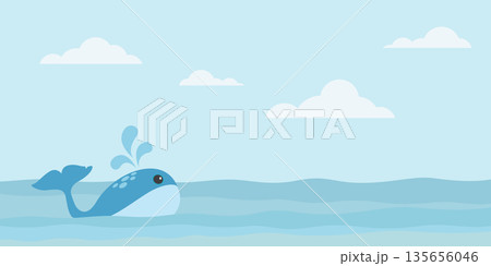 Cute whale swimming in the sea vector illustration. Whale in the ocean flat design have blank space. Cute whale swimming in the sea vector illustration. Whale in the ocean flat design have blank space. 135656046