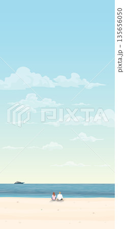 Couple of lover sitting on the beach with yacht at the horizon vector illustration. Traveling date concept flat design vertical shape have blank space. Couple of lover sitting on the beach with yacht at the horizon vector illustration. Traveling date concept flat design vertical shape have blank space. 135656050