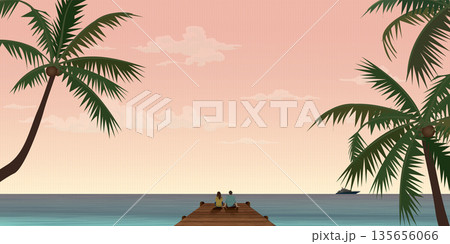 Couple of lover sitting on the pier have tropical blue sea and vanilla sky background vector illustration. Couple's journey concept flat design. 135656066