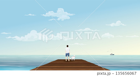 Man with his dog on wooden pier at seaside in the morning vector illustration. Travelling to the tropical blue sea concept have blank space. Man with his dog on wooden pier at seaside in the morning vector illustration. Travelling to the tropical blue sea concept have blank space. 135656067