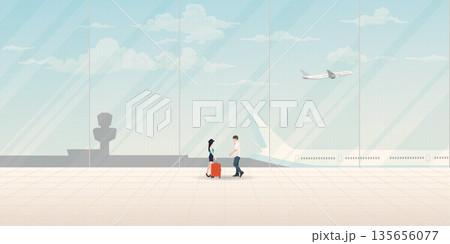 Couple of lover meeting at the airport have plane and blue sky background through windows vector illustration. Journey of sweetheart concept flat design have blank space. Couple of lover meeting at the airport have plane and blue sky background through windows vector illustration. Journey of sweetheart concept flat design have blank space. 135656077