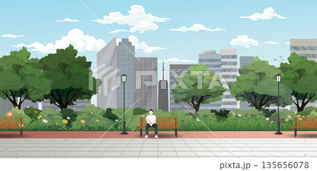 Man sitting on the bench in public park have skyscraper, clouds and blue sky behind vector illustration. 135656078
