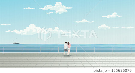 Couple of lover at view point of tropical blue sea vector illustration. Journey of sweetheart concept flat design. 135656079