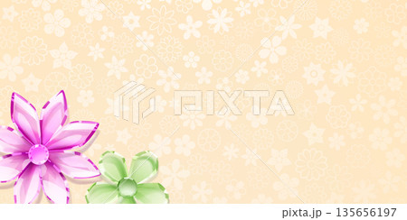 Pink and green crystal flowers on beige floral background. 135656197