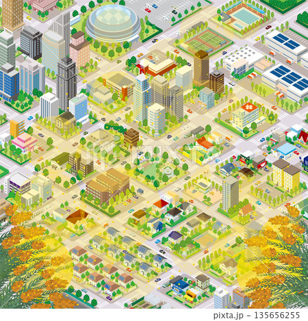 花粉が飛散する街並み. 街並みの立体図. 135656255