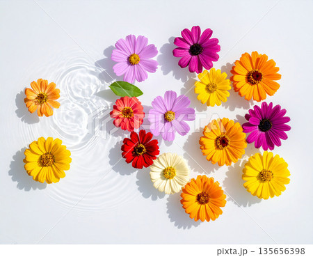 水面に浮かぶカラフルな花　春・夏　透明感　清潔感　白背景 135656398
