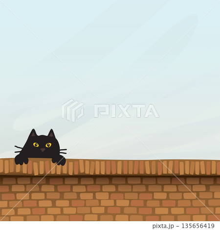 Black cat on brick wall childish style vector illustration have blank space. Black cat on brick wall childish style vector illustration have blank space. 135656419