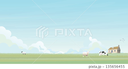 Country house in grass field have blue sky background. Farmland in spring season concept vector illustration. Country house in grass field have blue sky background. Farmland in spring season concept vector illustration. 135656455