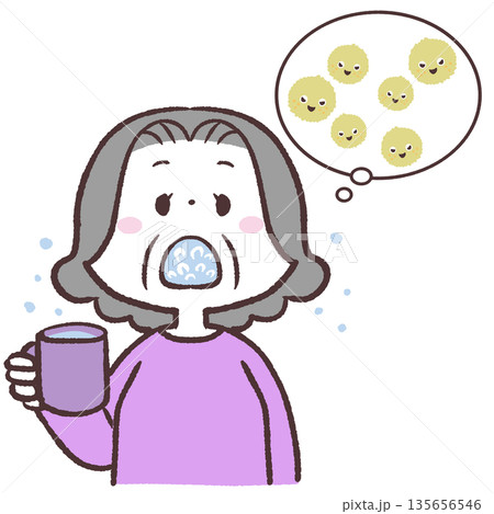 うがいで花粉を流すシニア女性のイラスト 135656546