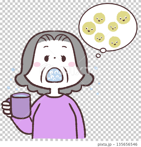 うがいで花粉を流すシニア女性のイラスト 135656546