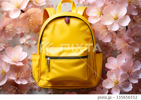 桜の花びらの背景に通園バッグ 桜の花びらの背景に通園バッグ 135656552